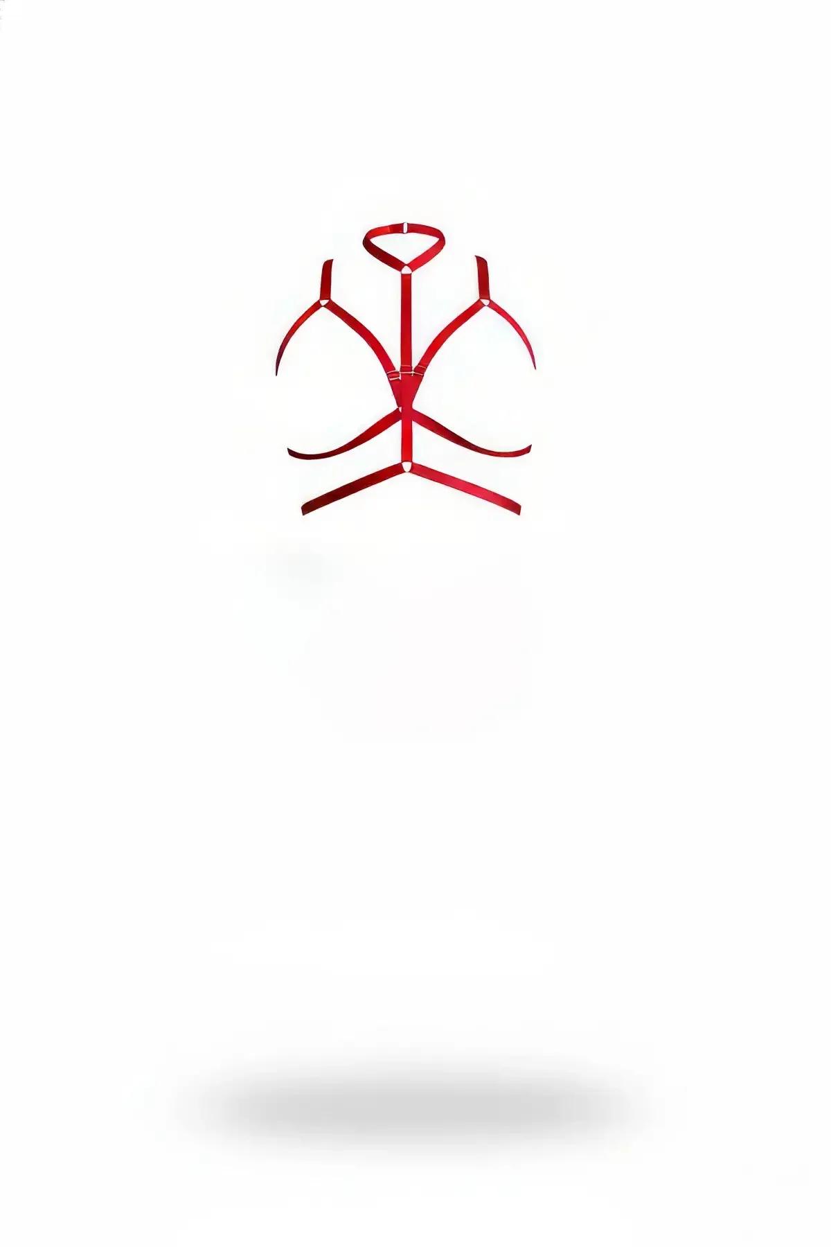 kırmızı elastik göğüs harness boyun detaylı O-ring gümüş toka aksesuarlı geometrik strap tasarımı