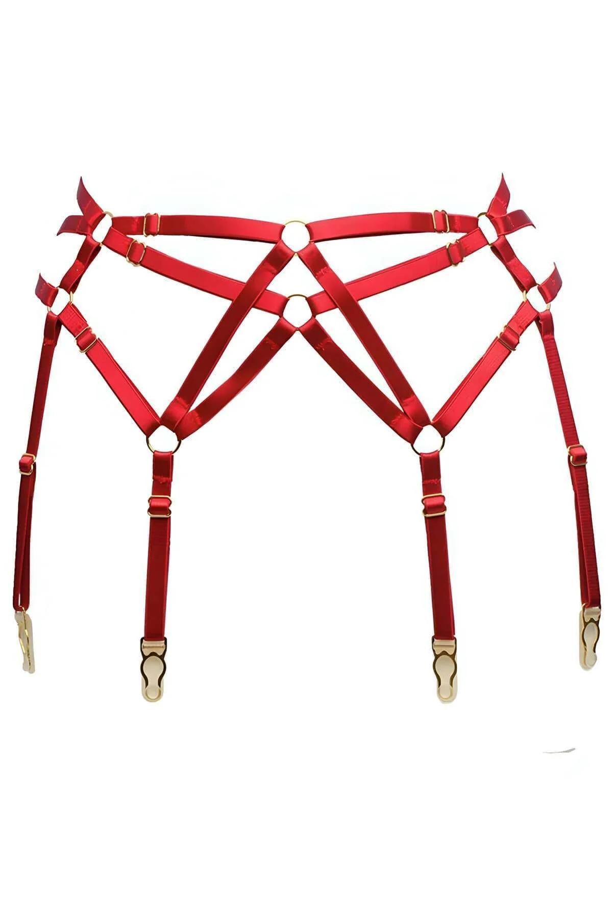 Red elastic strappy garter harness with geometric criss-cross strap design and four gold-tone stocking clips