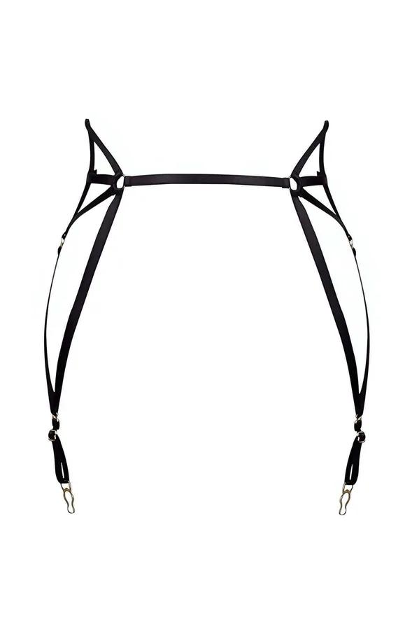 Black elastic cat ear garter harness with gold O-rings and four suspender clips, adjustable thigh straps