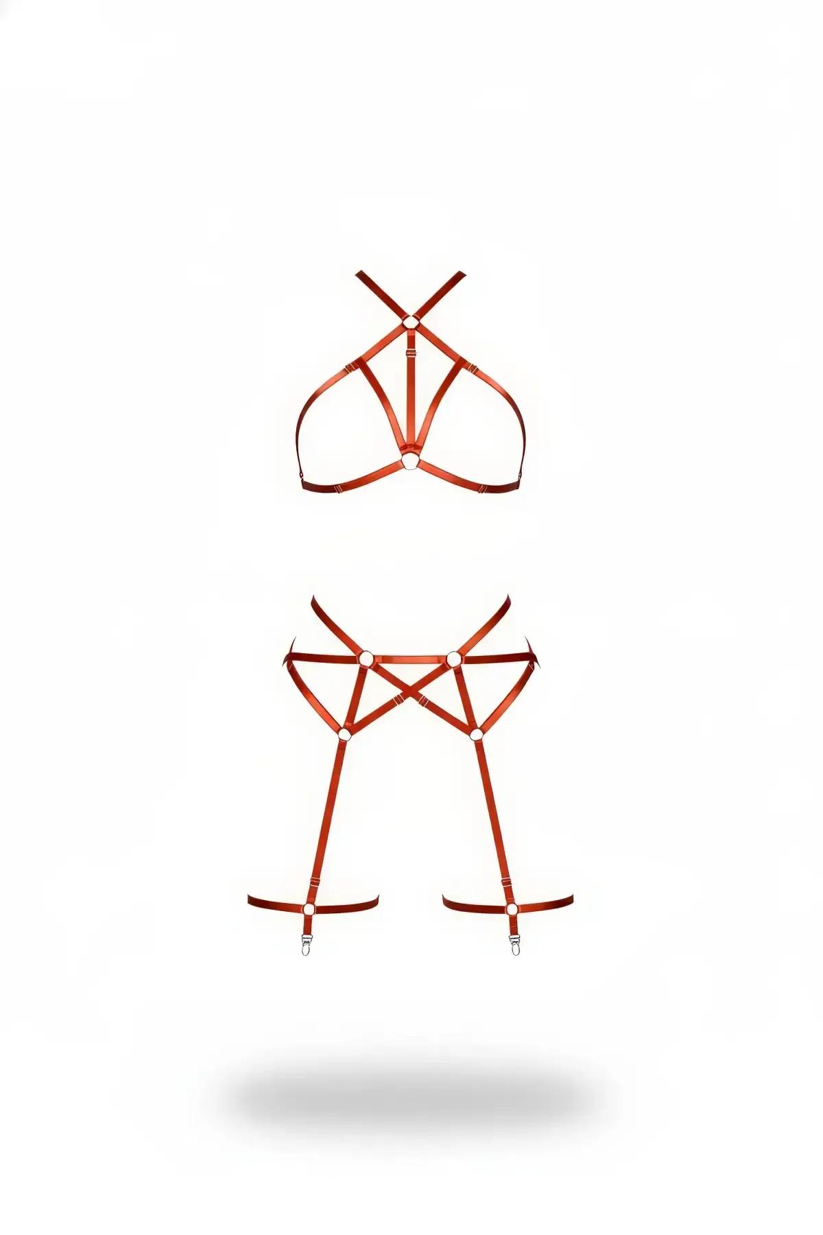 kiremit harness takım çapraz bantlı bralette ve jartiyerli bel haması gümüş halka detaylı 2 parça set