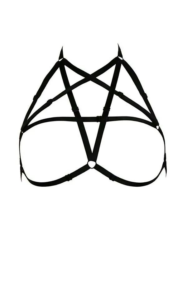 Black elastic pentagram chest harness with silver O-ring center and slide-adjust buckles, flat lay on white background