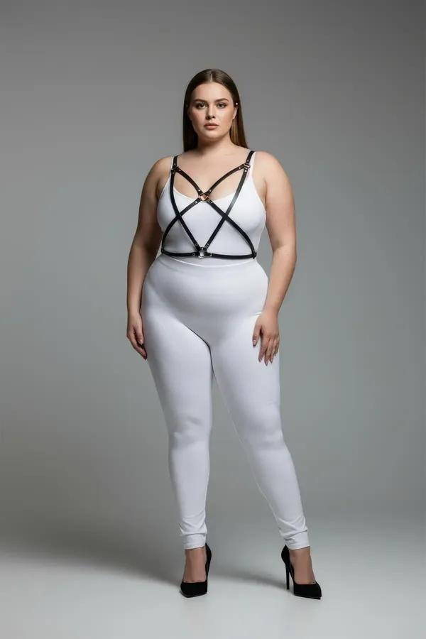 büyük beden siyah vegan deri göğüs harness çapraz X askı gümüş O-ring detay, beden 42-52