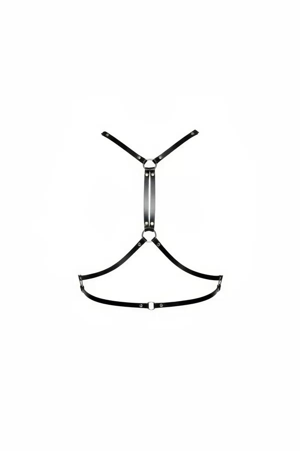 Siyah suni deri vücut kemeri gümüş O-ring ve perçin detaylı Y bantlı harness tasarımı