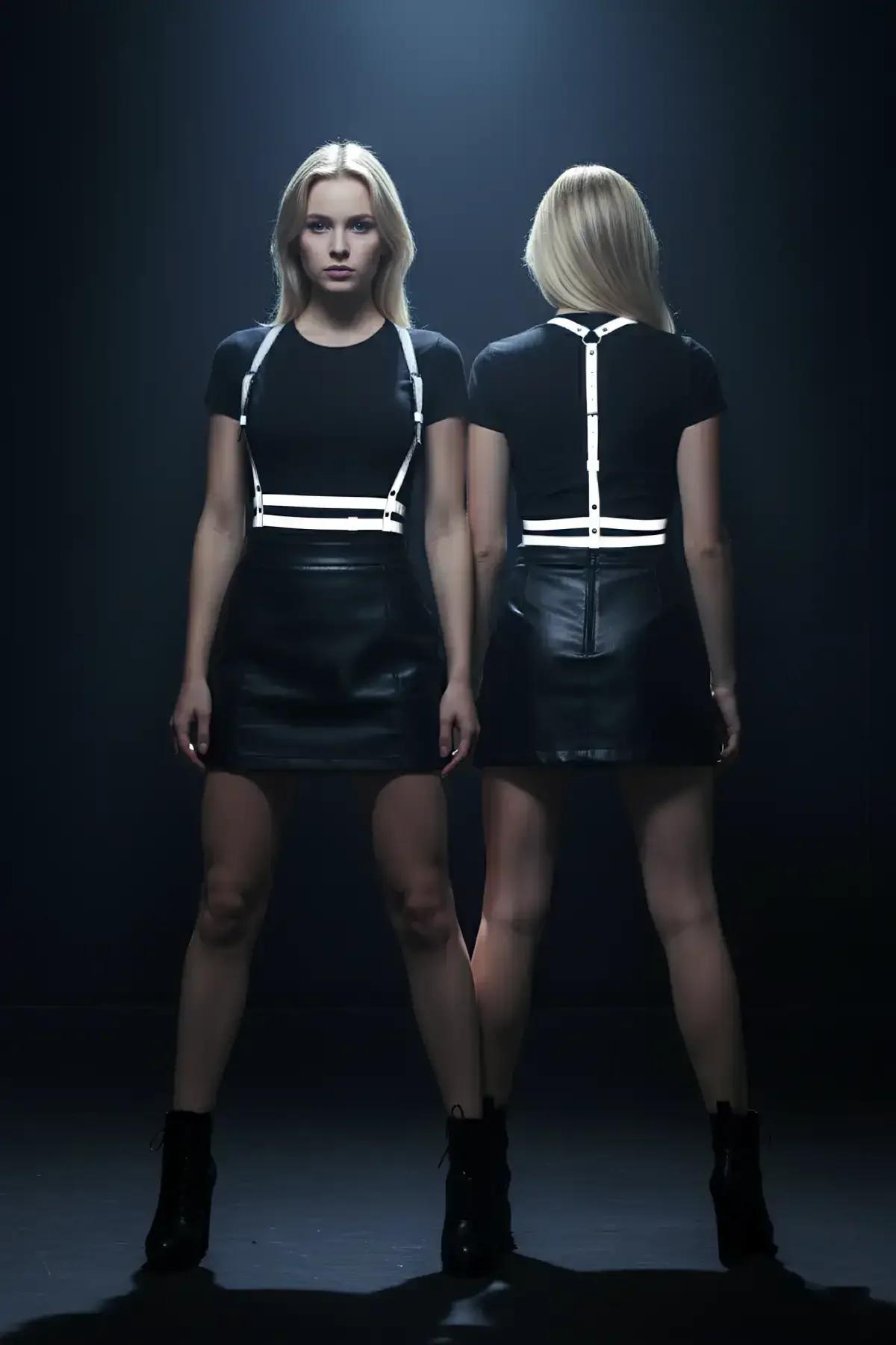 Black reflective chest harness with white reflective strips and silver snap hardware worn over black outfit front and back vi