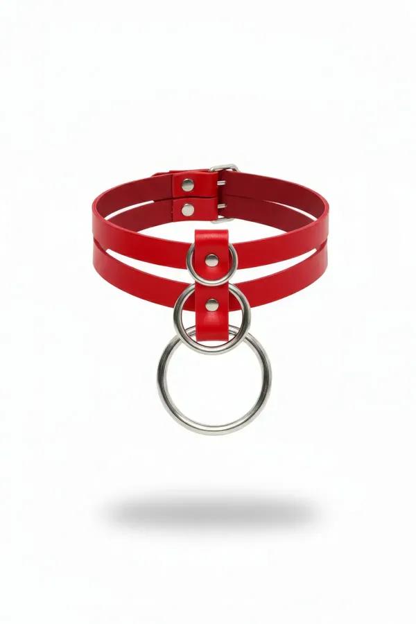 kırmızı vegan deri çift şerit choker gümüş küçük ve büyük O-halka detaylı toka ayarlı