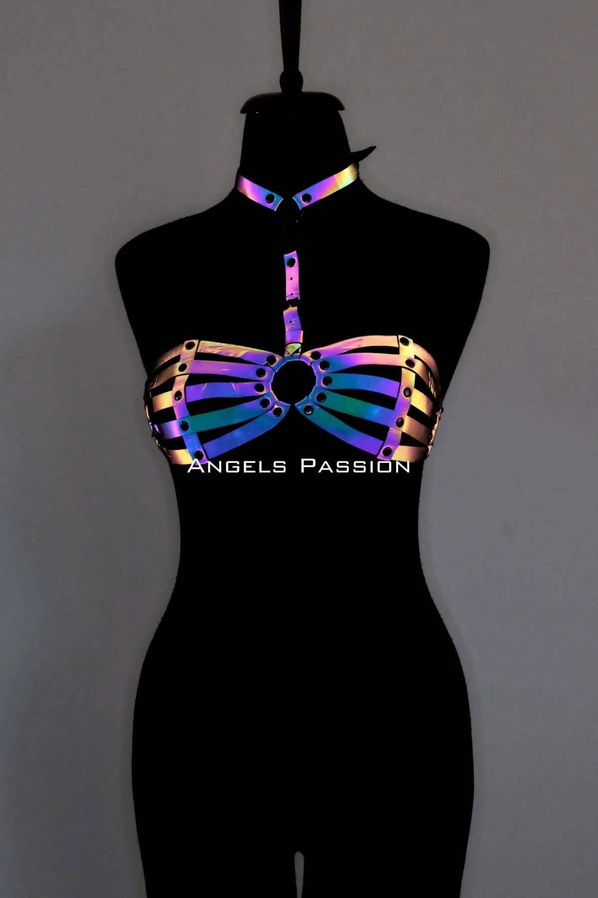 Iridescent reflective chest harness with O-ring and matching choker, holographic purple-blue-gold PVC cage straps on mannequi