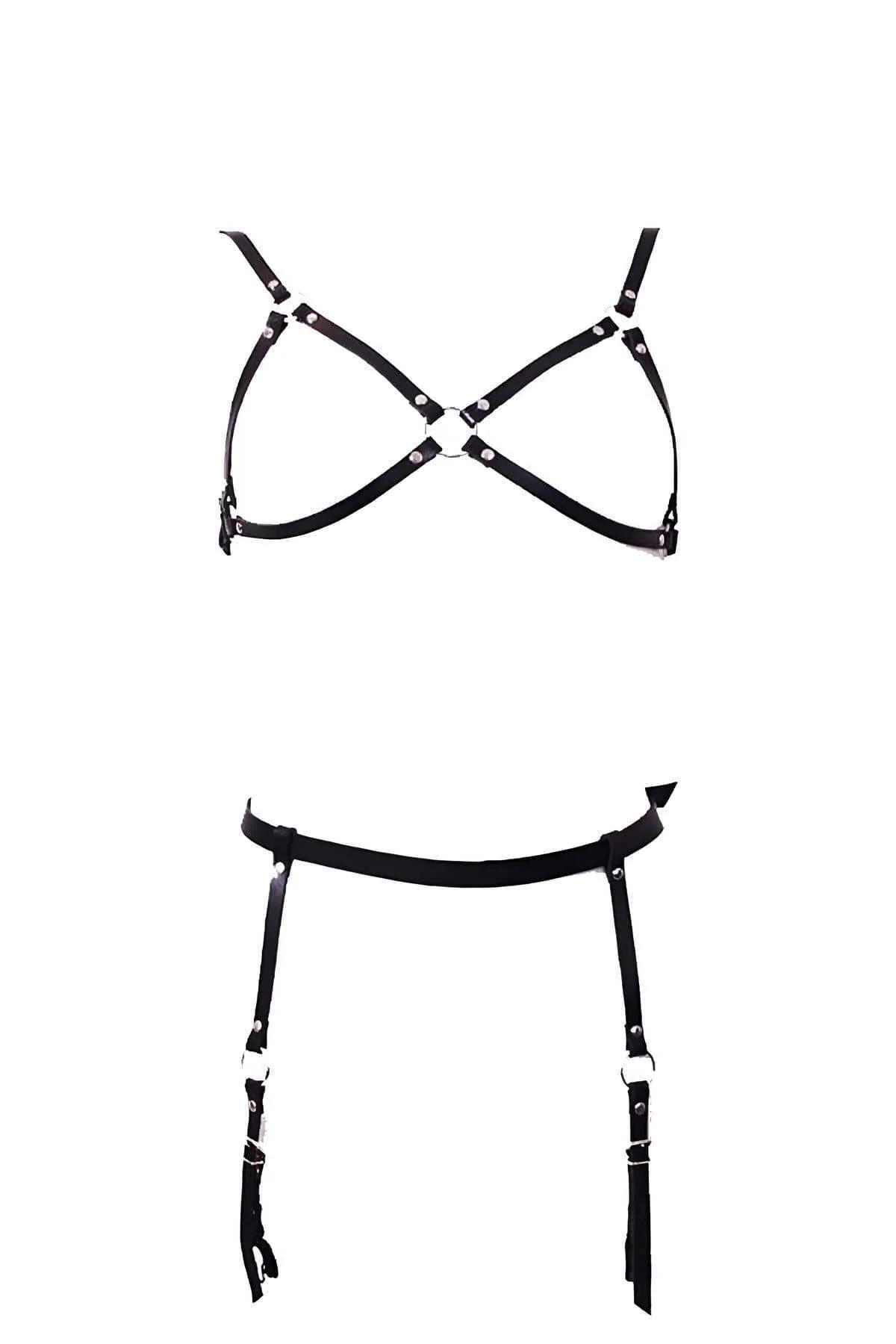 Black faux leather chest harness and garter belt set with silver-tone O-ring and stocking clips, flat lay on white background