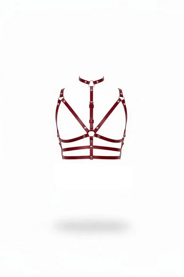 Bordo vegan deri göğüs harness çok bantlı geometrik tasarım gümüş O-ring ve perçin detayı