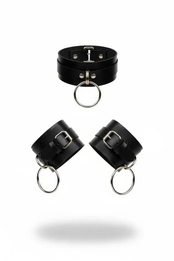 siyah kalın vegan deri choker gümüş metal O-halka ve iki eşleşen bileklik aksesuar seti