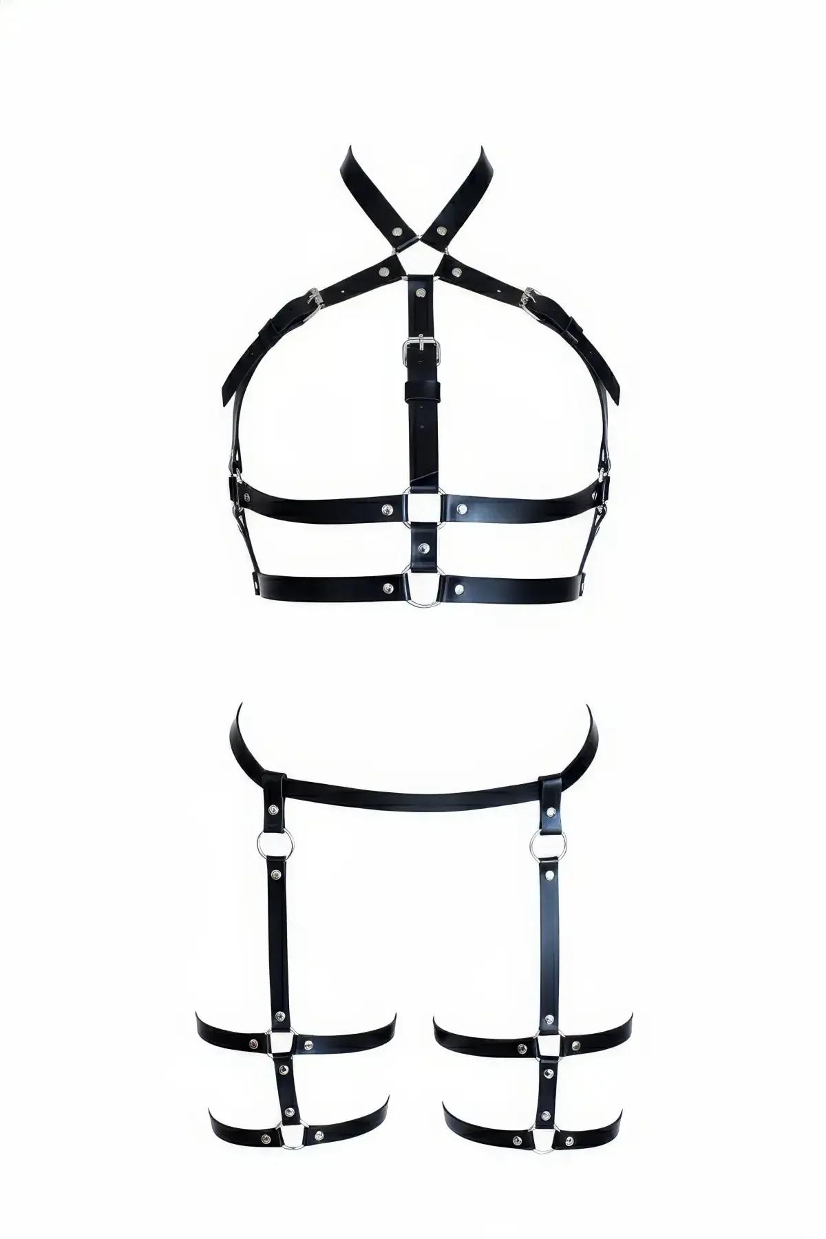 siyah vegan deri harness takım iki parça üst göğüs ve alt uyluk gümüş tokalı bantlı set