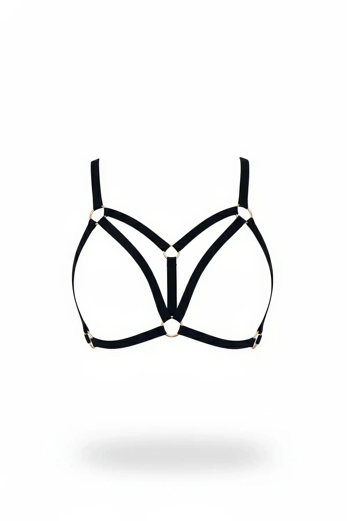 siyah elastik bantlı düğmeli harness bralet altın O-halka toka detaylı ön görünüm