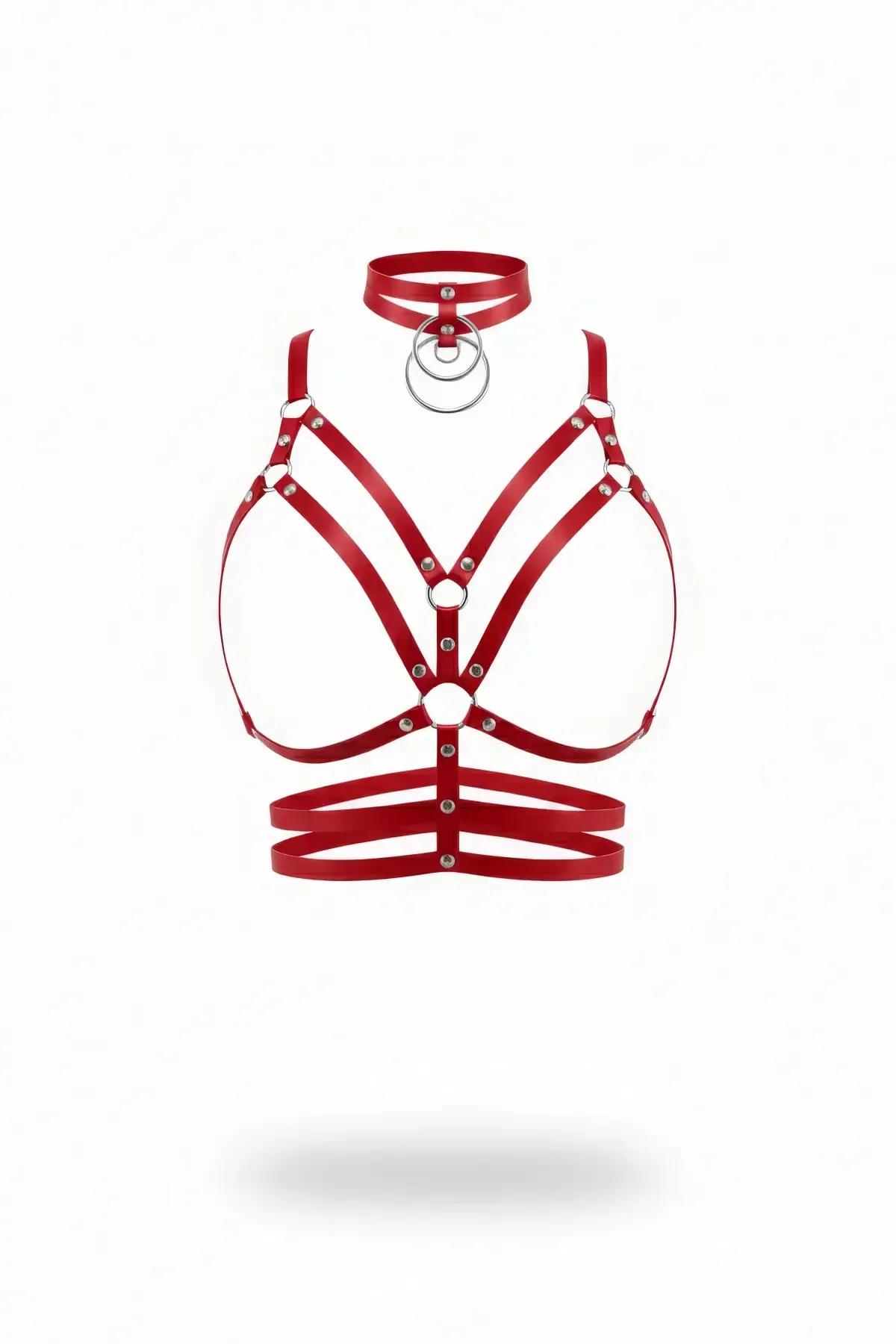 kırmızı suni deri vücut koşum takımı gümüş O-ring choker set geometrik askı yapısı