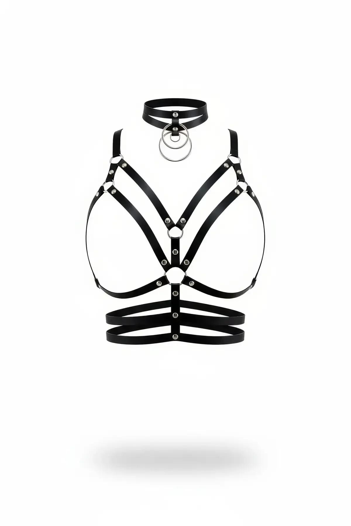 Siyah vegan deri vücut harness gümüş O-halka choker ve çift bel bandı detaylı