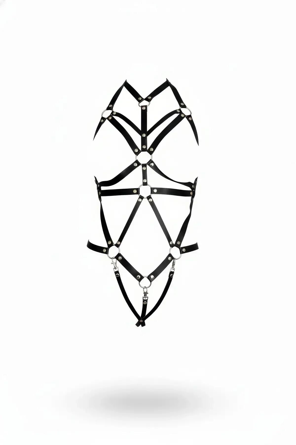 Siyah suni deri body harness çok bantlı geometrik yapı gümüş metal O-halkaları ve karabina kancası