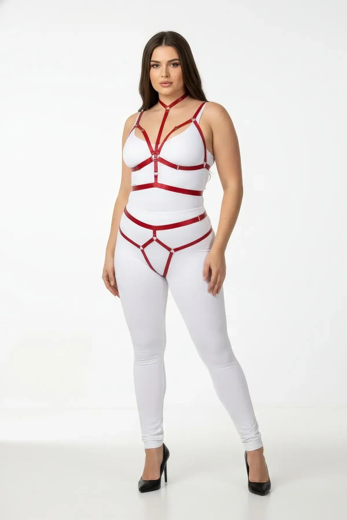 büyük beden kırmızı parlak lastik harness takım kadın tam vücut choker ve kalça kafesli model
