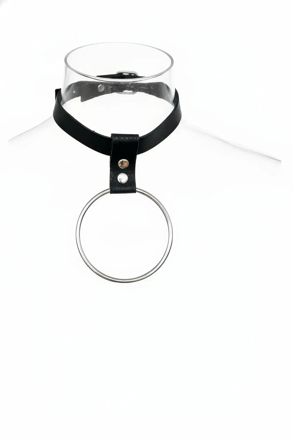 Siyah vegan deri choker büyük gümüş O-halka detaylı ince bantlı gerdanlık ön görünüm