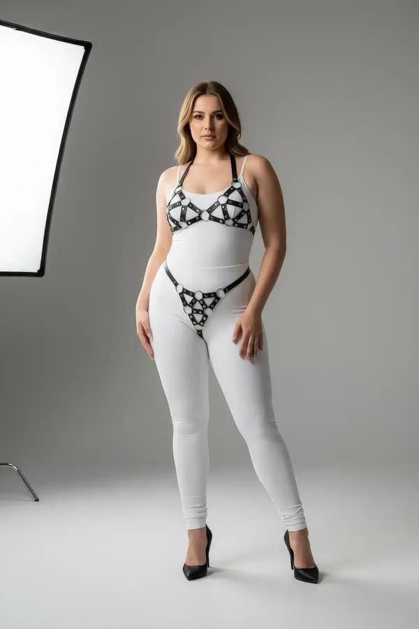 Büyük beden siyah vegan deri harness takım gümüş O-halka detaylı göğüs ve kalça parçası