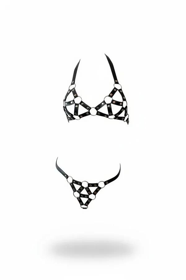 siyah vegan deri harness takım gümüş metal O-halka zımba detaylı üst ve alt set geometrik şerit