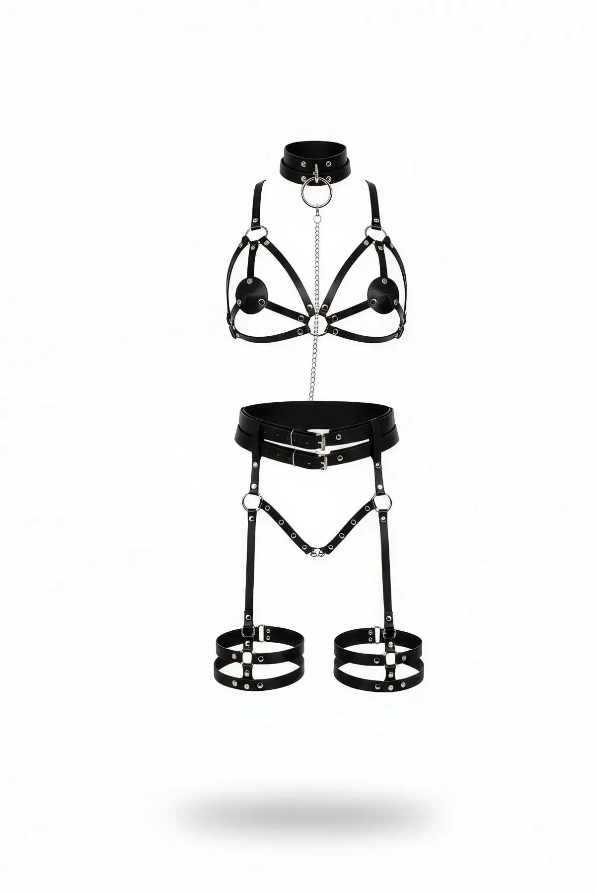 Siyah vegan deri harness takım boyunluk zincir üst harness ve çift bantlı bacak halkası gümüş metal halka detaylı