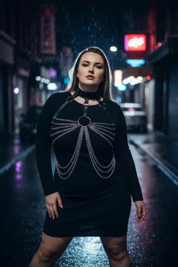 Büyük beden siyah vegan deri vücut kemeri choker yaka O-ring ve çoklu sarkıt gümüş zincir detayı