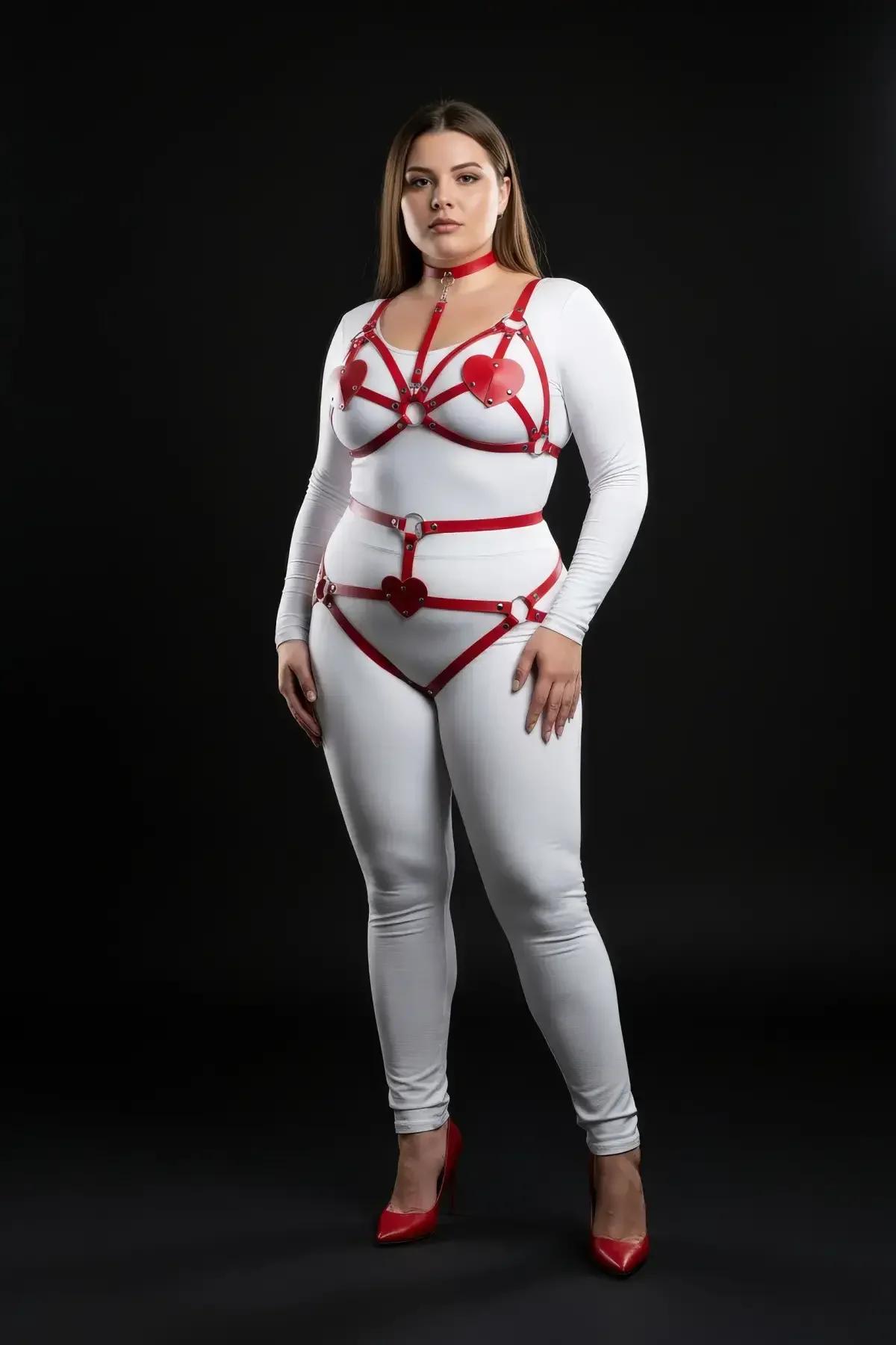 büyük beden kırmızı vegan deri harness takım kalp detaylı göğüs bel uyluk 3 parça set