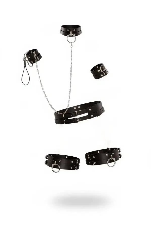 Siyah vegan deri 5 parça harness set zincir detaylı gümüş metal O-halka boyunluk bel kemeri bilek bilekliği
