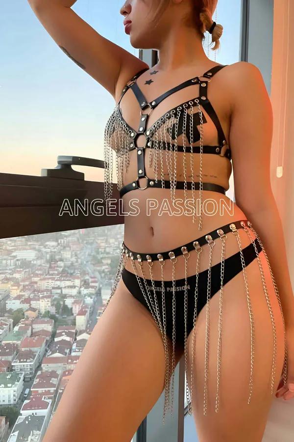 Black faux leather body harness with draped silver chain skirt set — two-piece front view showing chain fringe on chest and h