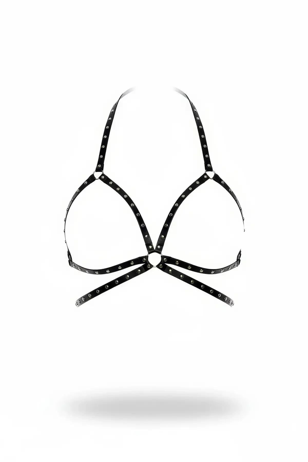 siyah zımbalı göğüs harness halter yaka vegan deri gümüş metal O-halka çapraz bantlar