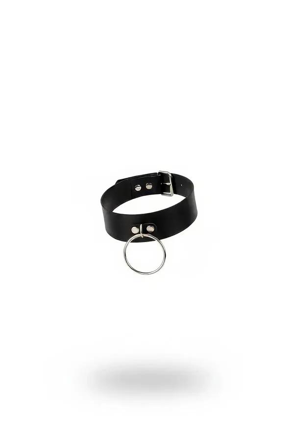 siyah vegan deri choker kalın bantlı gümüş O-halka ve dikdörtgen toka detaylı boyun kolye