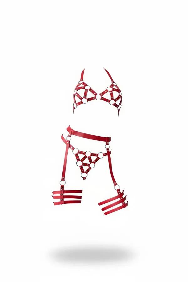 kırmızı vegan deri geometrik harness takım gümüş O-halkalı göğüs bel ve bacak garteri seti