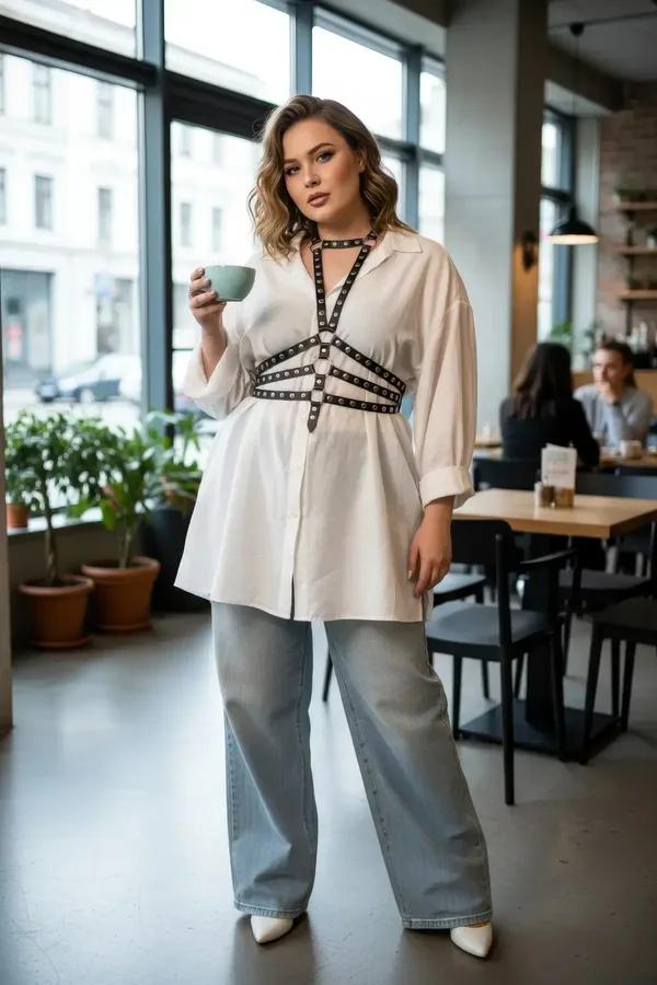 büyük beden siyah vegan deri harness gümüş perçinli göğüs ve bel şeritli vücut kemeri aksesuar