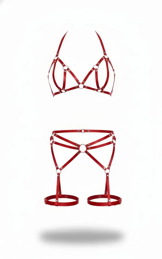 kırmızı elastik harness takımı gümüş metal O-halkalı bralet ve jartiyer seti beyaz fon