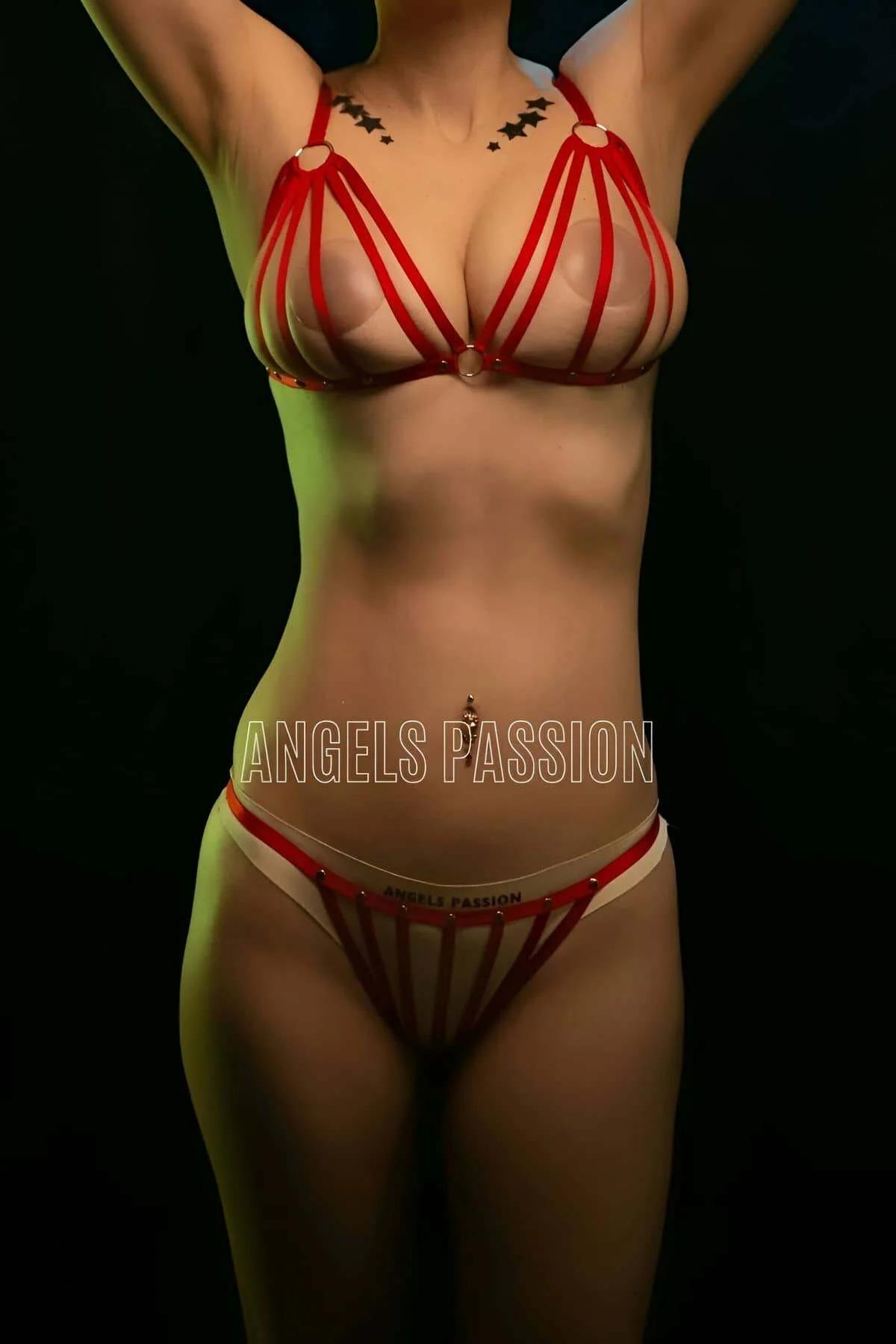 Red elastic caged strappy harness bra and thong set with gold O-ring hardware front view