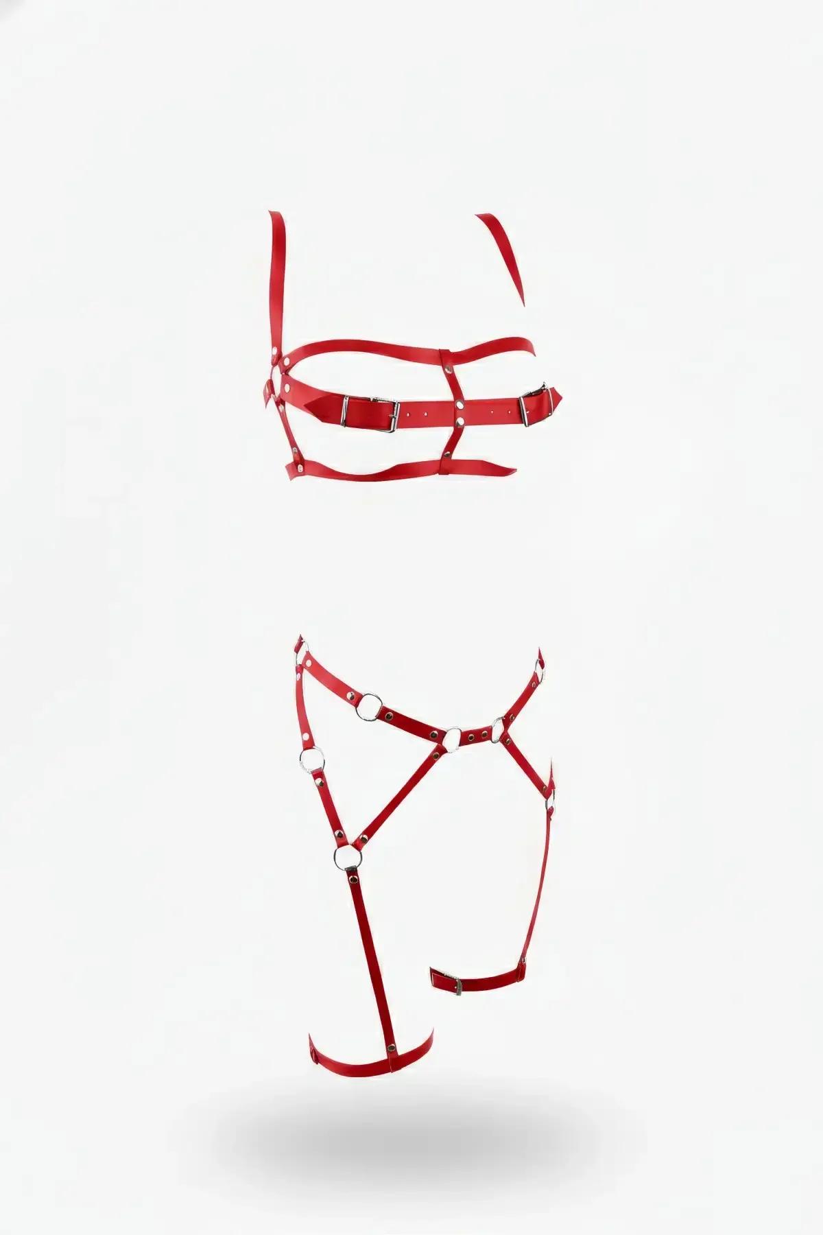 kırmızı vegan deri halkalı harness takım göğüs ve bacak iki parçalı set gümüş metal O-halka
