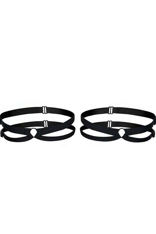 black double row garter harness leg bands with O-ring and silver slide buckles shown as a pair