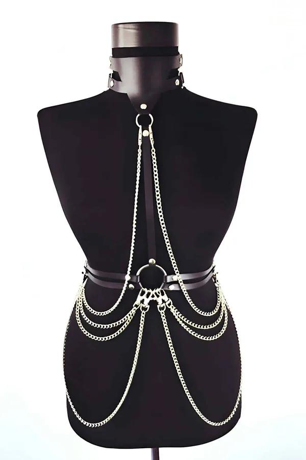 Black faux leather chain body harness with gold-tone layered chains and integrated choker neck strap on mannequin