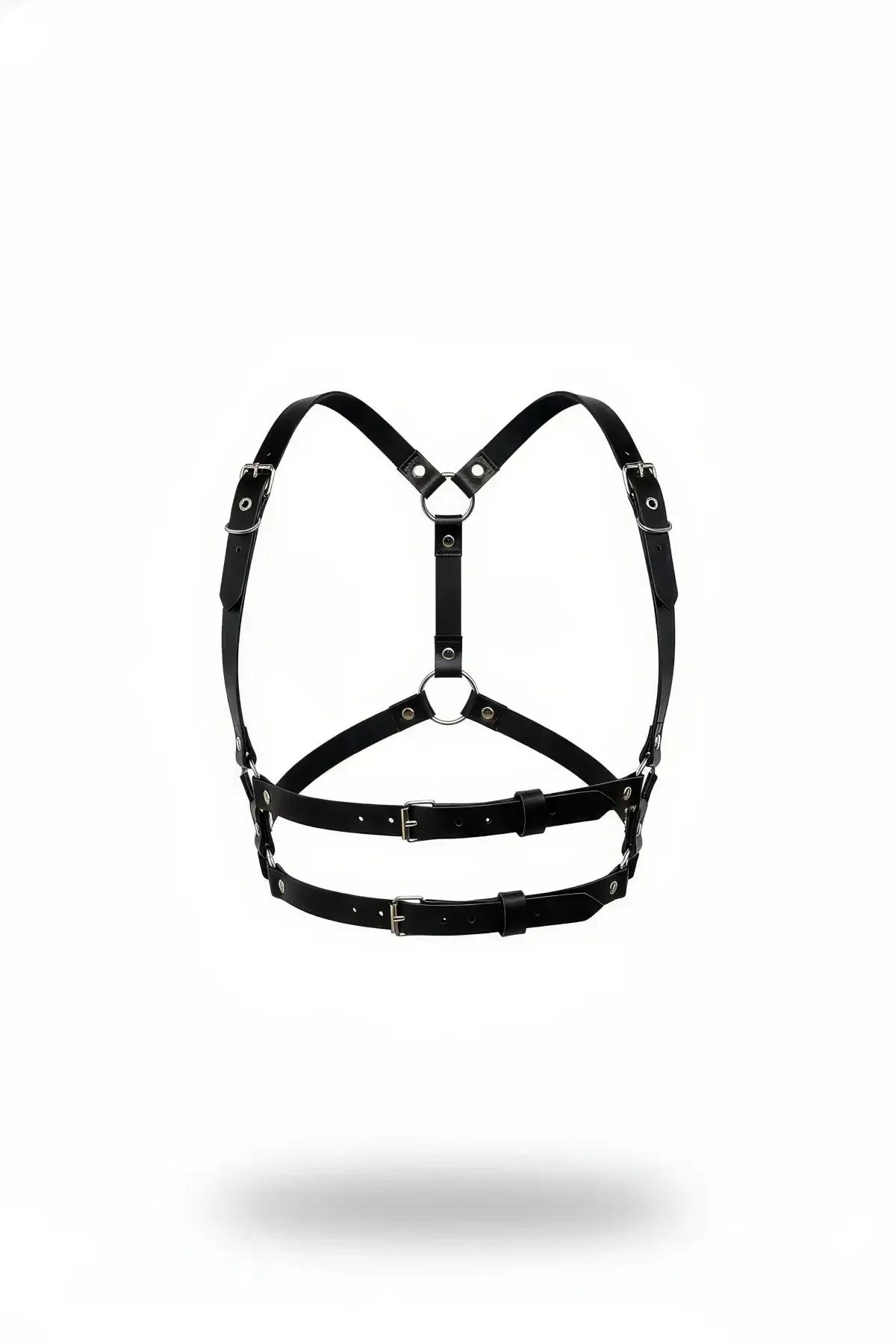 siyah faux leather vücut kemeri gümüş tokalı o halka detaylı kadın aksesuar önden görünüm