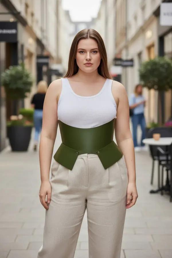 Haki vegan deri korse kemer büyük beden kadın bel aksesuar ön çıtçıt kapalı sokak stili