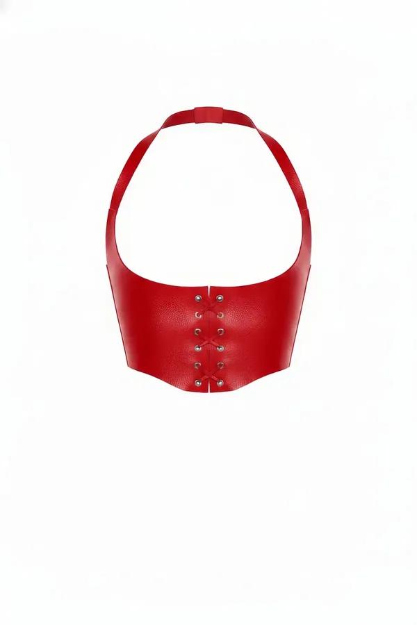 kırmızı faux leather geniş bel korsesi ön bağcık detaylı halter askılı gümüş perçinli