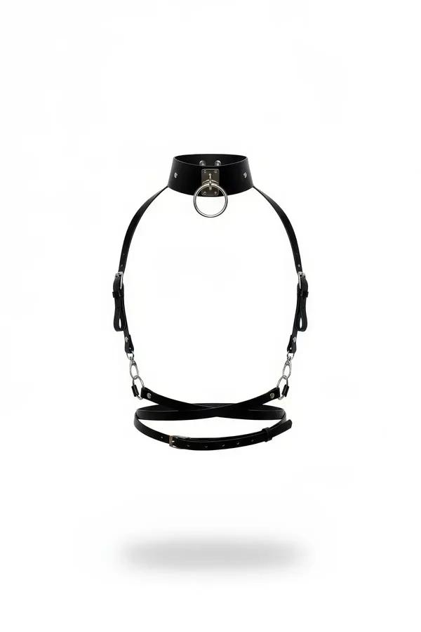 siyah vegan deri kemer harness choker yaka gümüş O-halka ve zincir detaylı kadın aksesuar