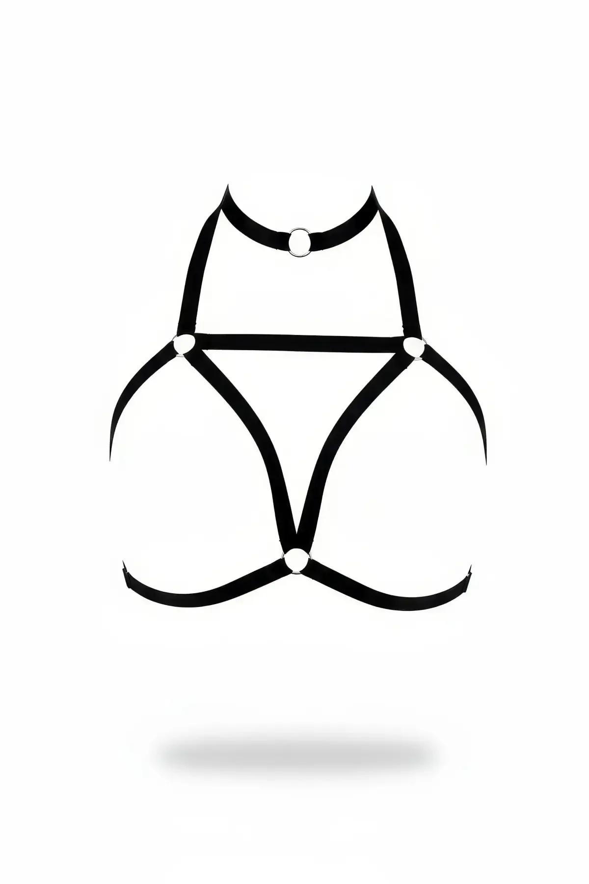 Siyah elastik göğüs harness yüksek yaka gümüş O halka ve D halka detaylı geometrik şerit desen