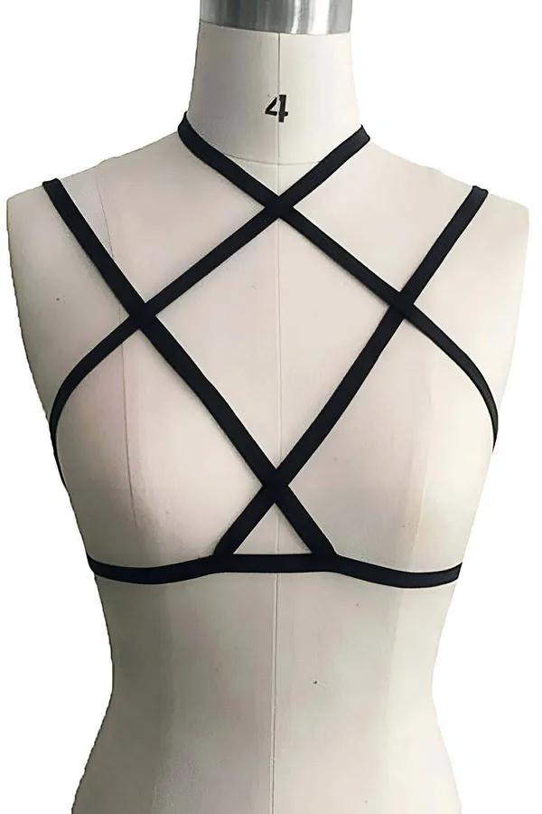 black elastic cage halter body harness with criss-cross X-strap chest panel on dress form, narrow 1.2 cm flat bands