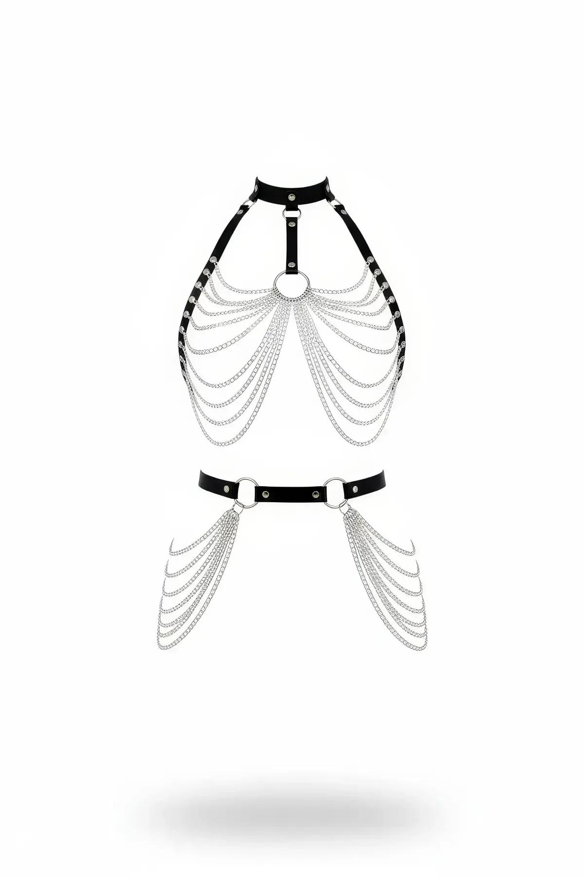 Siyah suni deri zincirli vücut harness seti iki parça halter üst ve bel bandı gümüş sarkık zincir