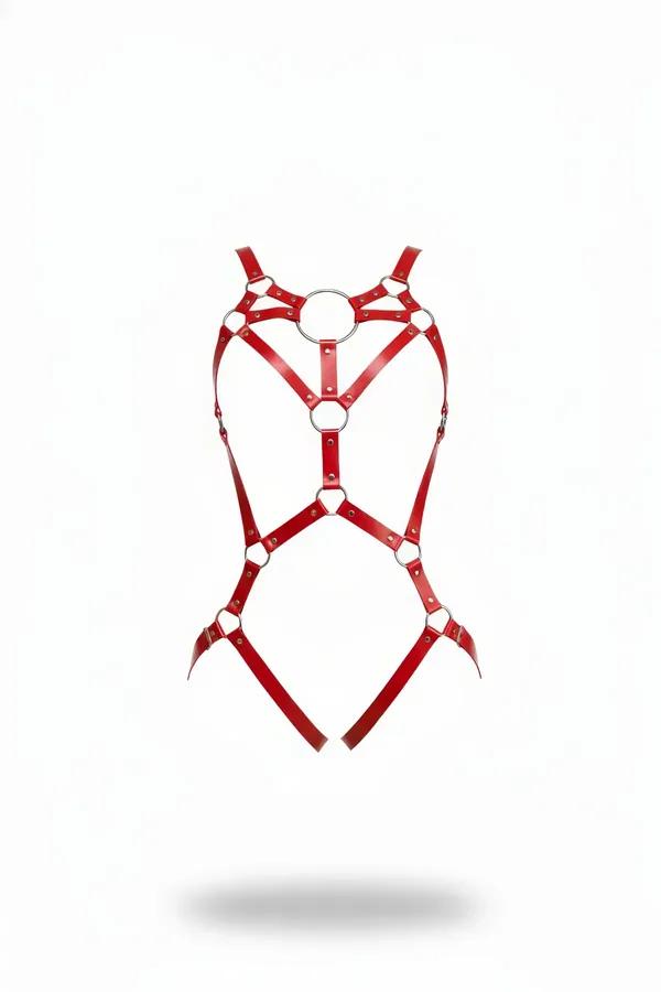 kırmızı suni deri body harness gümüş O-halka detaylı çapraz bant tam vücut ayarlanabilir