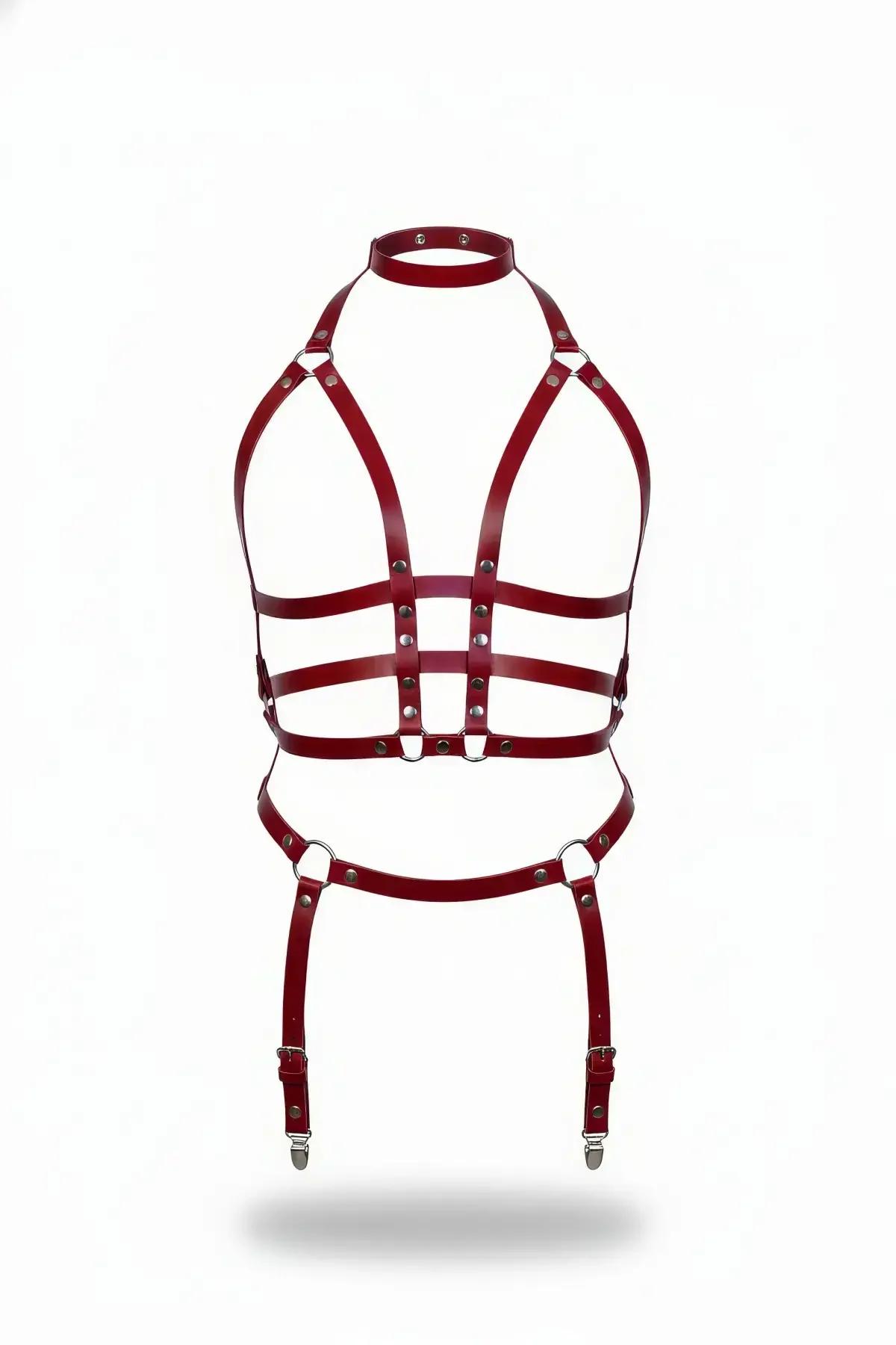 Bordo faux leather vücut harness takımı boyunluk halkası göğüs bantları ve jartiyer klipsleri gümüş toka detaylı