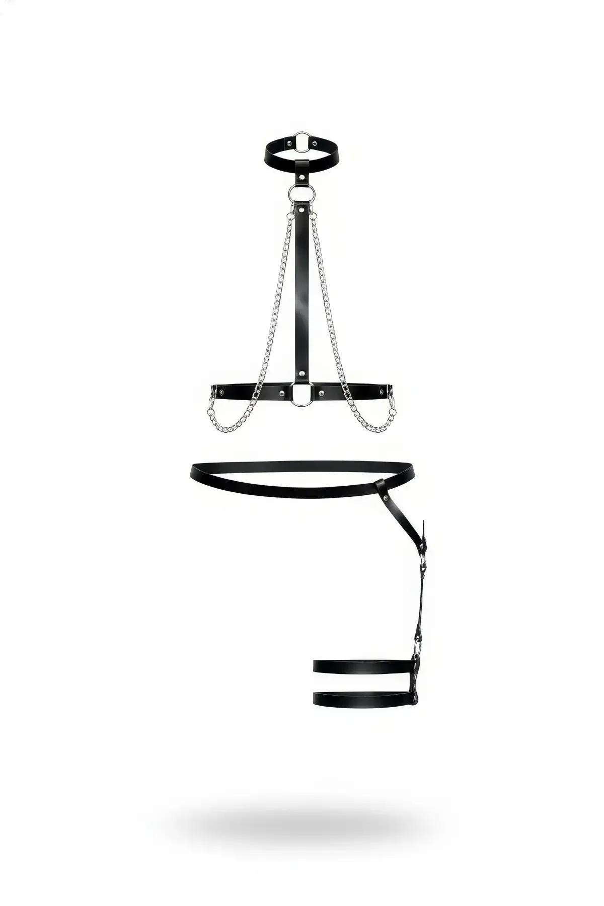 siyah vegan deri harness takım gümüş zincir detaylı choker göğüs harness ve bacak jartiyer seti