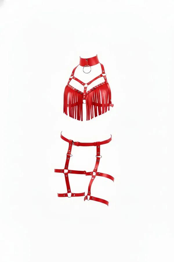 kırmızı vegan deri püskül detaylı yüksek yaka harness takım gümüş O-ring ve bacak harness seti