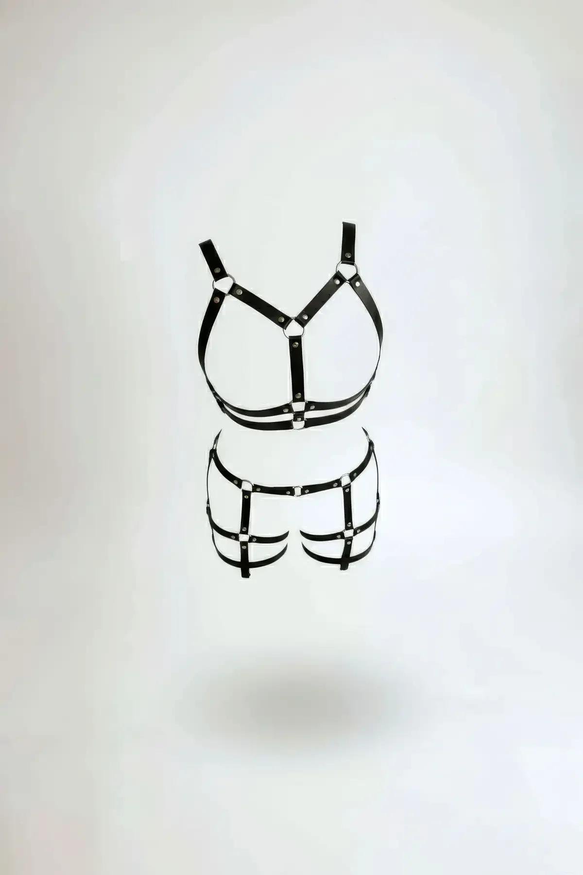 Siyah vegan deri harness takım O halka ve gümüş tokalı bralet ile kalça-bacak bandı seti
