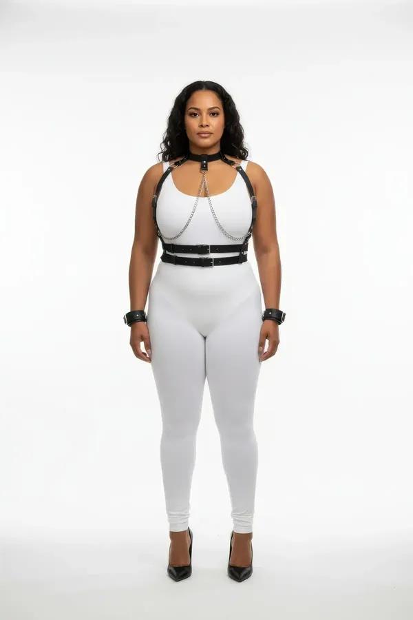 siyah vegan deri harness takım büyük beden gümüş zincir detaylı göğüs harness bel kemeri boyunluk bilek kelepçe full set