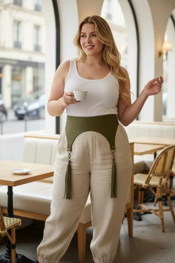 Büyük beden haki geniş vegan deri kemer püskül detaylı, bej palazzo pantolon üzerinde kadın modeli